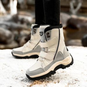 Skor beige vandring stövlar kvinnor vattentäta söta vinter kvinnor varma sneakers plattform snö stövlar varm plysch krok slinga utomhus läder