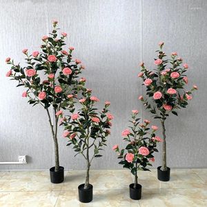 Flores decorativas artificial chá rosa flor árvore falso vaso planta casa jardim decoração de casamento bonsai chão verde