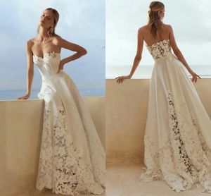 Renda floral romântica uma linha vestidos de casamento boho praia sexy querida sem costas elegante vestidos de noiva simples cetim varredura trem noiva vestes vestido de recepção yd