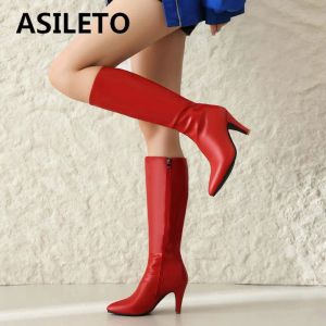 Stivali Asileto Luxury Women Knee High Boots puntato Piccole tacchi da 8,5 cm Zipper Plus Times 45 46 47 Fashion Sexy Party Female Booties