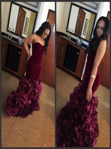 2019 Strapless Mermaid Prom Dresses Burgundy Satin Zipper Back Cocktail Party GownsボタンティアスカートフォーマルイブニングドレスCU8186370