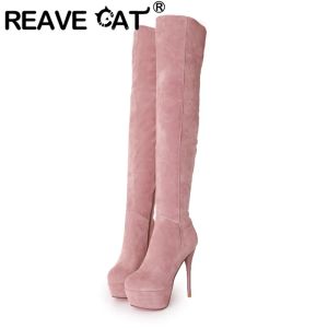 Stövlar Reave Cat Woman Platform Overknee High Boots Round Toe Thin Heel Flock dragkedja Big Size 3243 Solid Pink Black Blue Winter S2763