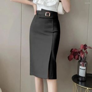 Nova marca saia clássica retro lápis na altura do joelho saia feminina elegante senhora do escritório formal divisão cinto embalagem hip midi preto oversized