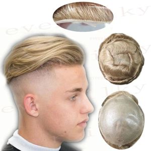 Toupet Linea sottile naturale Parrucchino da uomo 0,02 mm Invisibile Super UItra Pelle sottile Sostituzione completa in PU Sistema di capelli umani biondi Protesi maschile