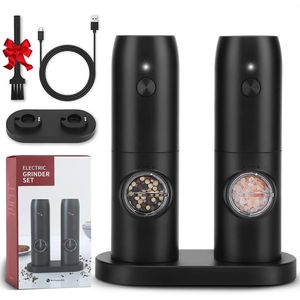 Electric Automatic Salt and Pepper Grinder Set USB Rechargeable/Battery Powered Adjustable Coarseness Spice Mill with LED Light 240306