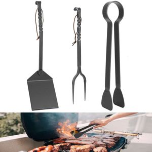 3pcs Barbekü Aksesuarları Set Izgara Spatula, Et Çatalı, Izgara Maşa, Demirci Yemek Barbekü Araçları Hediye - Ağır hizmet tipi El Dövme El Yapımı İşçilik Metal