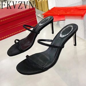 Slippers Summer Belts Diamond Women Slippers Sexy High Heels Shoes Party Runway Peep Toe Sandals Slip On Crystals Zapatos Mujer