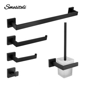 Matt Black Bathroom Hardware Set Kit Accessories Wall Shelf Towel Bar Rack Rail Robe Hanger Toilet Brush Roll Paper Holder Dish 240312