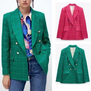 Women's Suits Autumn Tweed Blend Double-breasted Slim Blazer For Women Pockets Plaid Fashion Suit Rose Red Green