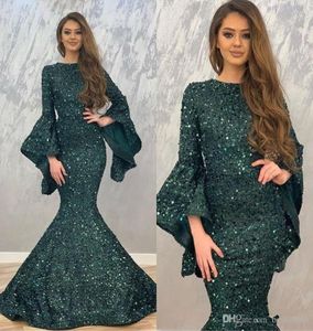 2020 Dark Green Mermaid Evening Dresses Sequin Long Sleeves Prom Gowns For Dubai Women Formal Wear Prom Gowns Vestido de fiesta Ab8476458