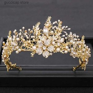 Tiaras na moda coroa de casamento artesanal barroco ouro pérola strass cristal coroa casamento acessórios de cabelo coroa nupcial coroa de casamento y240319