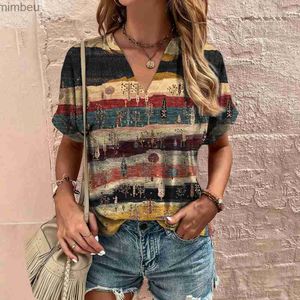 Kvinnors t-shirt retro kvinnor t-shirt sommaren v-hals kort ärm tee casual harajuku stripe tryck t-shirt för kvinnor streetwear pullover tops newc24319