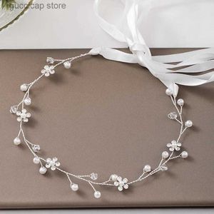 Tiaras Trendy Silver Color Woman Tiaras 헤어 밴드 수제 진주 라인톤 꽃 머리띠 웨딩 헤어 액세서리 신부 보석 Y240319