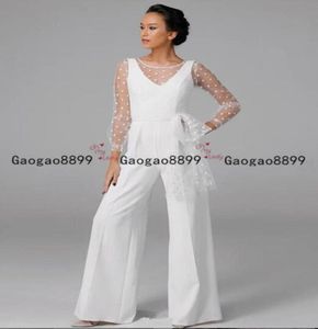 Bescheidenes weißes Stain-Brautkleid für Damen, Overall, sexy, durchsichtige lange Ärmel, Abiye-Braut-Hochzeitskleider mit Hosenanzug, Deane Lita7788372