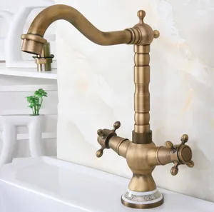 Torneiras de cozinha Antique Brass Bathroom Bar Sink Swivel Spout Mixer Torneira Dupla Cross Handle Deck Montado Um Buraco LNF603