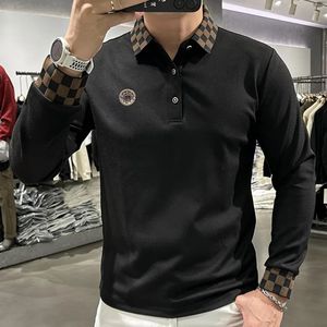 British Fall Winter Polo For Men Vintage Plaid Print Men Polo T-Shirt Casual Long Sleeve Thickened Slim Men Polo Homme 240315