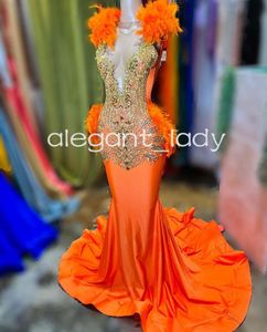 Orange Sparkly Long Evening Birthday Dresses for Black Girl 2024 Luxury Crystal Feather Prom Gala Ceremony Dress