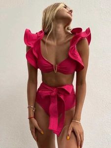 Women's Swimwear Two piece womens floral 2024 push up pad bra pleated edge bandage bikini suit swimsuit beach suit Biquini J240319