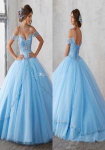 Elegant Light Sky Blue Prom Dresses 2019 Puffy Princess Ball Gown Quinceanera Dresses Sweet 16 Dress Spaghetti Beading2125272