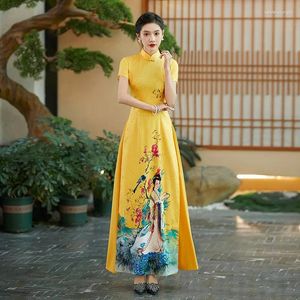 Ethnische Kleidung Sommer verbesserter gelber Druck Cheongsam Frauen eleganter chinesischer Stil Kurzarm hoch geteilt Aodai langes Qipao