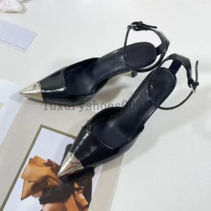 Klasik Tasarımcı Sandalet Sling Arka Elbise Ayakkabı Topuklu Sandalet Lüks Tasarımcılar Akşam Slingback Pompaları Siyah Beyaz Patent Deri Kadın Terlik 3.7 05