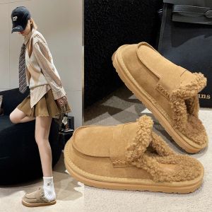 Terlik kış kadın moda yeni yün rulo sıcak kar botları terlik artı pamuk kalın düz ayakkabılar rahat kapalı pamuk terlik