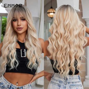 Synthetic Wigs Lace Wigs Emmor Long Wavy Blonde Synthetic Wigs Ombre Brown Daily Natural Hair Wigs With Bangs Cosplay Party for Women Heat Resistant Hair 240329
