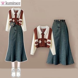 Autumn Set Womens 2023 Salt Style Wear Fashion Fake Two Piece Top Slim Denim Fish Tail kjol i matchning S 240315