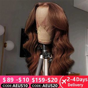 Perucas sintéticas Perucas sintéticas 13x4 chocolate marrom colorido renda frontal perucas de cabelo humano para mulheres hd onda corporal transparente 360 peruca frontal de renda completa pré-arrancada 240329