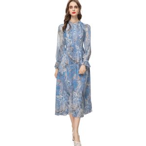 Women's Runway Dresses Ruffled Collar Long Sleeves Printed Floral Pleated Lace Up Elegant Designer Vestidos