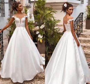 Elegant Satin A Line Wedding Dresses Sheer O Neck Lace Appliqued Boho Simple Bridal Gowns With Cap Sleeves Back Buttons Sweep Train Vestidos De Novia Plus Size YD