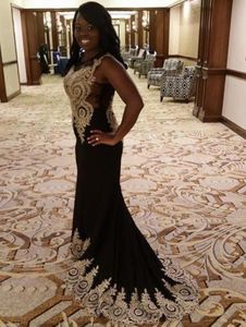 2022 Black Long Prom Dresses Illusion Neck Mermaid Blue Prom Gown Gold Applique Sleeveless Red Floor Length Evening Dresses US Sto2268233