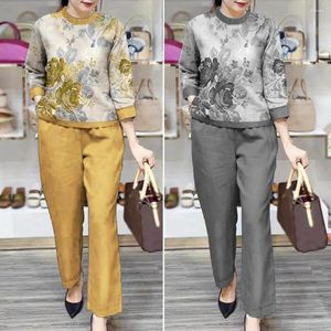 Women's Two Piece Pants Breathable Women Suit Flower Print T-shirt Set With Three Quarter Sleeves Round Neck Wide Legs Stylish For Female