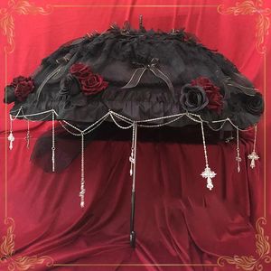 Guarda-chuvas Luxo Lolita Guarda-chuva Pogal Elegante para Mulheres Casamento Lace Long Handle Parasol Flor Goth Decor Sunny Angel
