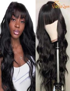 Body Wave Full Machine Made Peruka z grzywką bez koronkowej peruki z huklami naturalnymi czarnymi brazylijskimi perukami ludzkimi z BANGS2756960