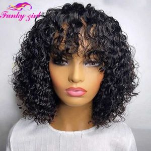 Synthetic Wigs Synthetic Wigs Short Curly Bob Human Hair Wig With Bangs Pixie Bob Cut Glueless Wigs Water Wave Full Machine Natural Black Cheap Wigs For Women 240327