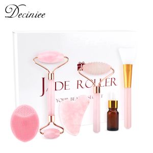 Roller RU ES 6 In 1 Skin Care Gift Set Rose Jade Roller & Gua Sha Natural Quartz Scraper Jade Stone Facial Massager Tools for Body Neck