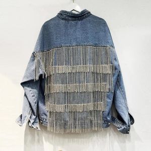 Jaquetas femininas AYUALIN casual oversize solto outono boho vintage diamantes borla cooton azul denim casacos para mulheres jaqueta manga longa