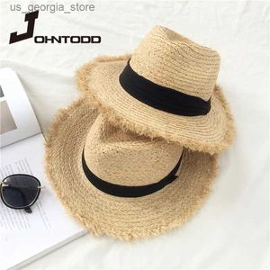 Wide Brim Hats Bucket Hats Natural Wide Brown Soft Hat Rafia Jazz Str Hat Womens Summer Edge Beach Hat Handwoven Sun Hat Wholesale Beach Hat Y240319