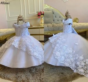 Puffy pizzo bianco perline abiti da ragazza di fiori fiocco con spalle scoperte bambino bambini abiti da festa di compleanno formale principessa Todder treno lungo abito da sposa prima comunione CL3397