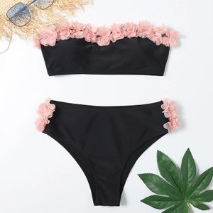 Simpatico costume da bagno bikini floreale da donna con orlo nero pieghettato e costume da bagno sexy in due pezzi a vita media corto senza spalline 240319