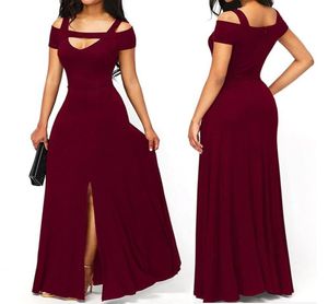 2019 Autumn Womens Dresses Royal Blue Cold Shoulder Front Slit Flare Maxi Long Dress Vestido Festa Evening Party Dress PD628765025