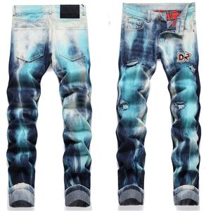 Niebieskie męskie dżins ripper dżins długie spodnie chude dopasowanie szczupły męskie ułożone dżinsowe dżinsowe dżinsowe dziury designerskie rozmiar najwyższej jakości 29-38