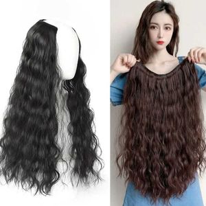 Perucas sintéticas Perucas sintéticas peruca feminina longo cabelo encaracolado em forma de u onda grande fofo milho perm cabelo longo uma peça de lã invisível enrolado peruca peça 240329