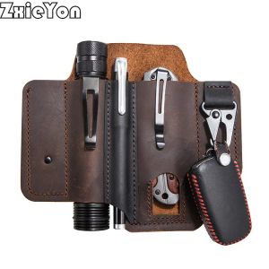 Bags Leather Belt Bag Handmade EDC Leather Case Outdoor Portable Tool Sheath Outdoor Camping Hunting Keychain Flashlight Pen Knife