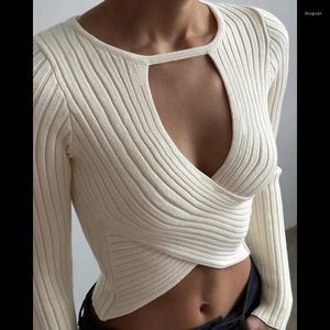 T-shirt da donna T-shirt da donna 2024 Autunno Maglia a maniche lunghe Cut-Out Pullover Cross Crop Top Donna sexy Bustier Abiti autunnali