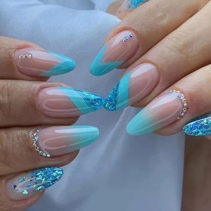 24pcs Almond Head False Nails Blue Gradient Design Fake Art Full Coverage Waterproof Removable Artificial Press on 240305