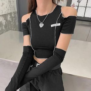 Women's T Shirts Women T-shirts Kpop Y2K Black Gothic Crop Tops Open Shoulder Long Sleeve 2024 Harajuku Korean Casual Tank Top Hip Hop Tee