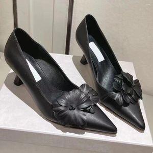 Black Flower Dress Shoes 580 Leather Women Single Slip-On Pointed Toe Ladies Pump Tacones Para Mujer Stiletto Heels Sapatos Feminino 39249