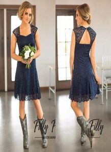 2019 Casual Navy Blue Lace Bridesmaids Dresses Short Cheap Portrait Cut Out Back Beach Knee Length Maid Of Honor Gown Custom Made 5975851